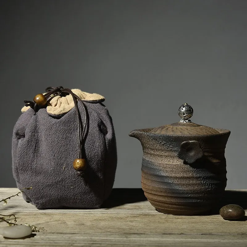 

Japanese Coarse Pottery Frost Quick Cup Travel Tea Set Portable 1 Teapot + 1 Teacup + 1 Storage Bag Creative Vintage Home Decor