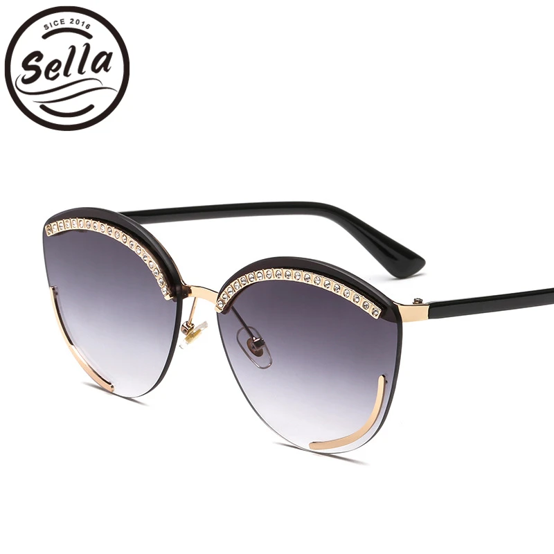 

Sella Fashion Women New Arrival Oversized Cateye Sunglasses Semi-Rimless Gradient Lens Crystal Decoration Ladies Sun Glasses
