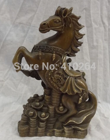 

10" Chinese Bronze FengShui Wealth YuanBao Dragon Horse On Coin Pine Tree Statue