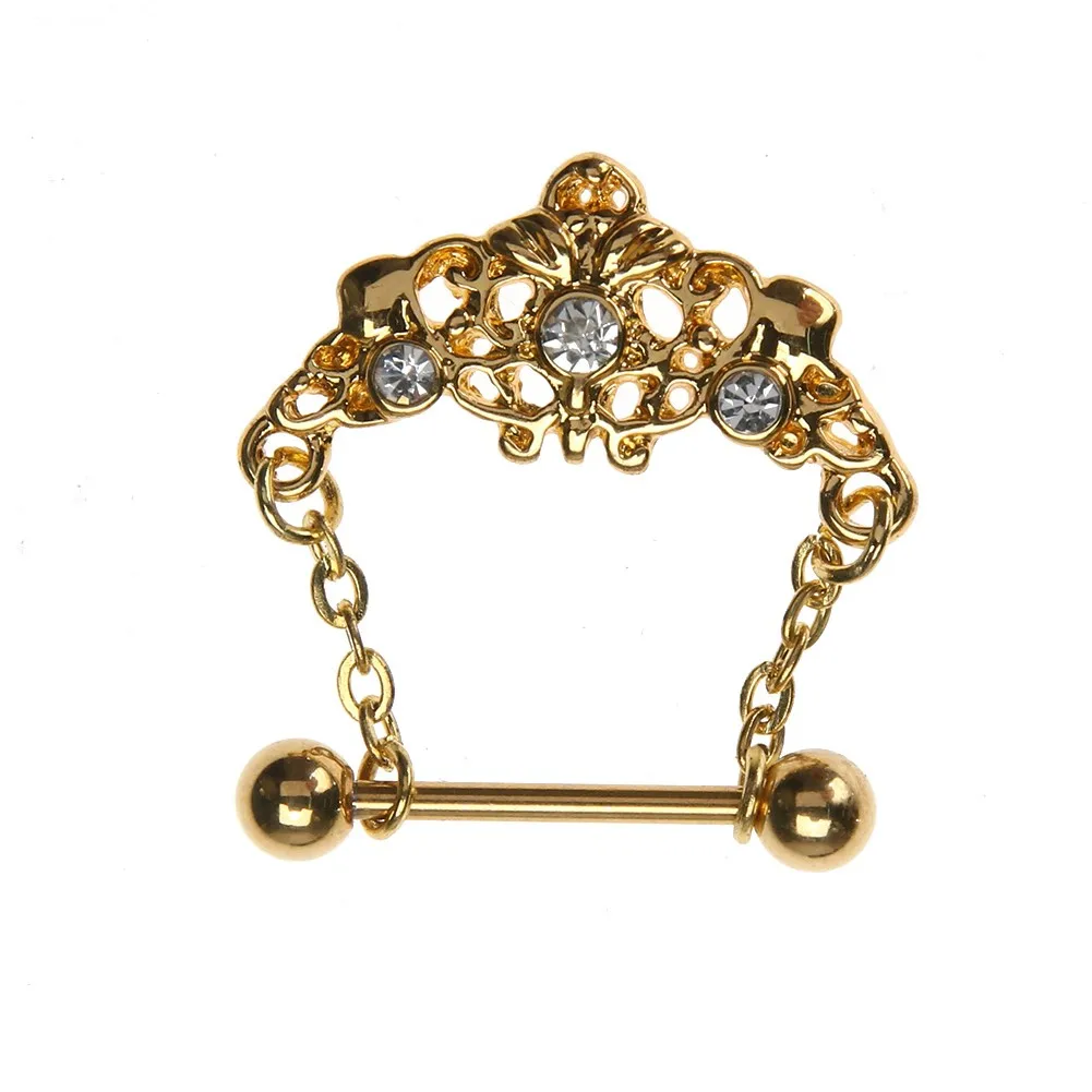 Royal Gold Color Tiara Crystal Dangle Piercing Nipple Ring Creative
