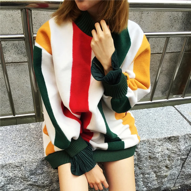 

2017 women's winter long sleeve petal sleeve stand collar big striped cotton lining plus size loose sweatshirt female hoodies