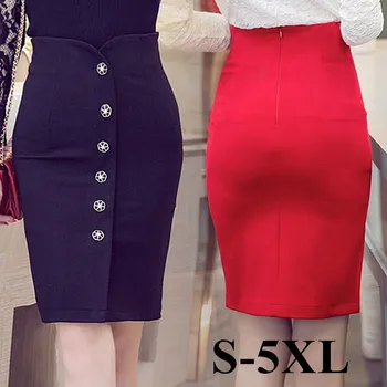 

2016 Summer New Casual Fashion Elegant Sexy Bodycon Slim Bandage Stretch Button High Waist OL Women Pencil Skirt Plus Size S-5XL