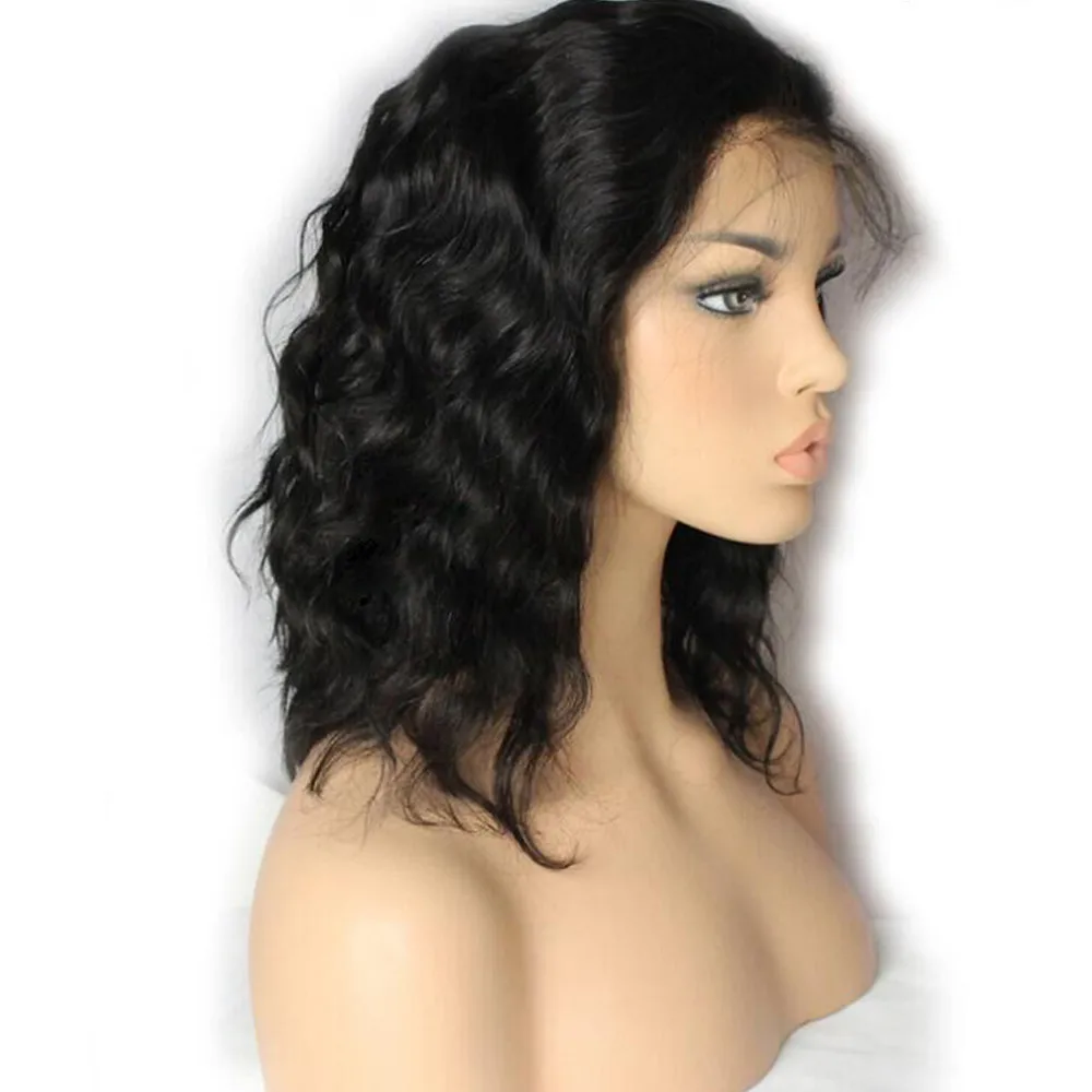 

Factory price 1pc Women Fashion Lady Black Less Lace Front Full Wig Bob Wave Natural Looking 14inch Wigs Stand Stocked Feb12