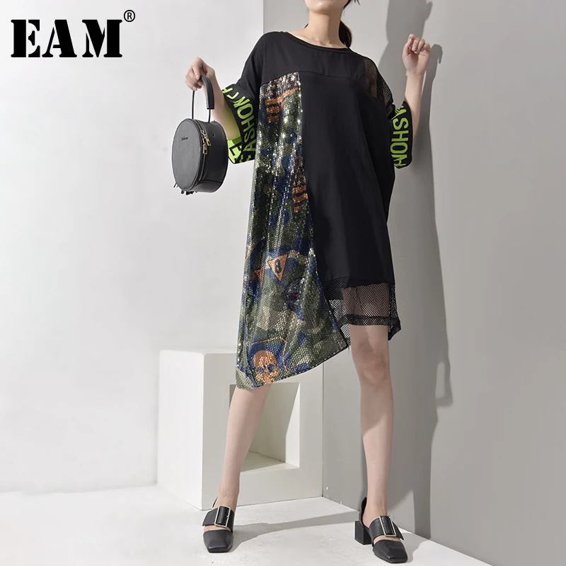 

[EAM] 2019 New Spring Summer Round Neck Three-quarter Sleeve Pattern Printed Loose Mesh Big Size Dress Women Fashion Tide JX020