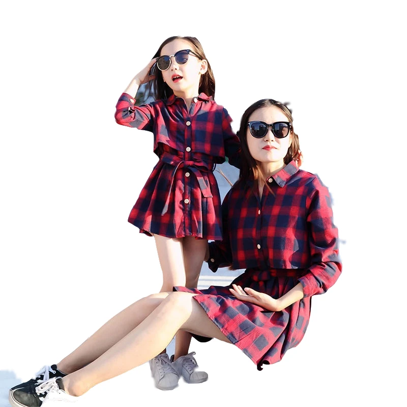 

Spring Cotton Mommy And Me Clothes Plaid Print Mom And Daughter Dress Outfits Matching Mother Daughter Clothing Girl Family Look