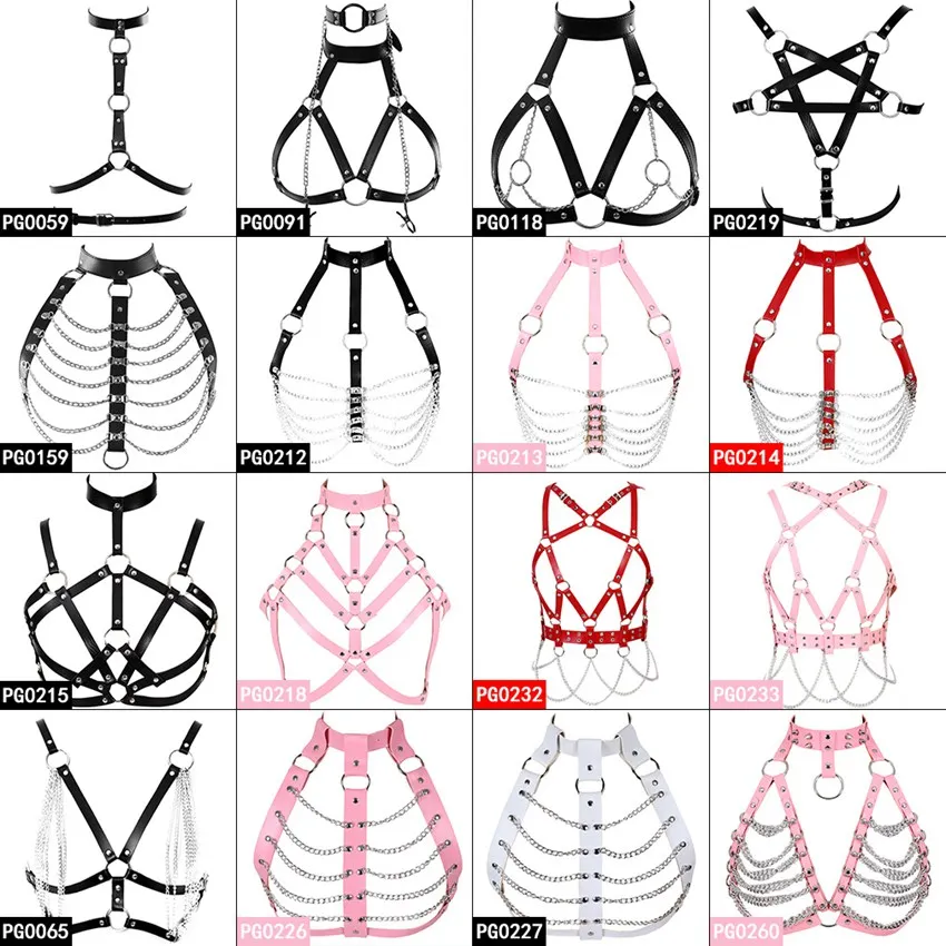 Кожаный бюстгальтер с металлической цепочкой, бандаж, женское белье, ремни для женщин, розовый, регулируемый, панк, готический, полиуретановый ремешок, топы, клетка, фестивальный рейв