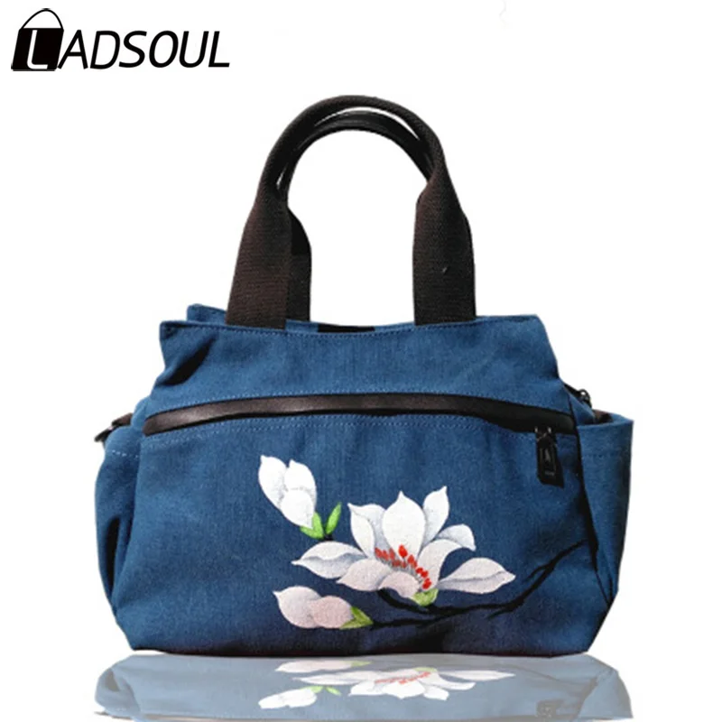 

LADSOUL Handbag Canvas Chinese Style Women Handbags Hand Printed Landscape Girls Bag Female Concise Shoulder Handbags A5243/h