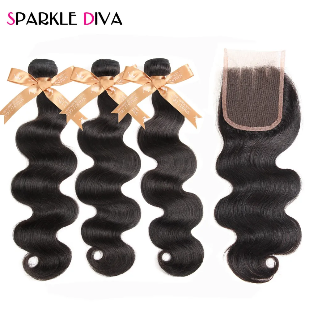 Sparkle Diva Peruvian Hair Weave Bundles With 4 4 Closure Three