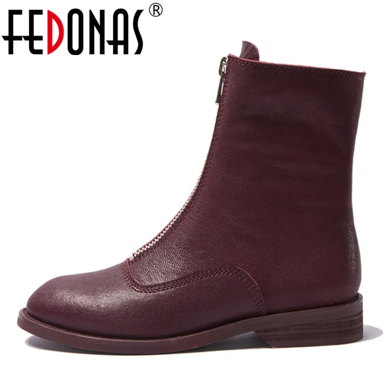 

FEDONAS Brand Women Genuine Learther Ankle Boots Low Heels Autumn Winter Short Martin Shoes Woman Round Toe Motorcycle Boots