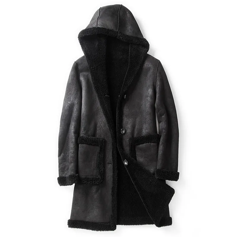 Зимняя мужская куртка с капюшоном из овчины, шерстяная подкладка, теплое пальто средней длины с натуральным мехом, приталенная Мужская замшевая куртка M-5XL - Цвет: 3