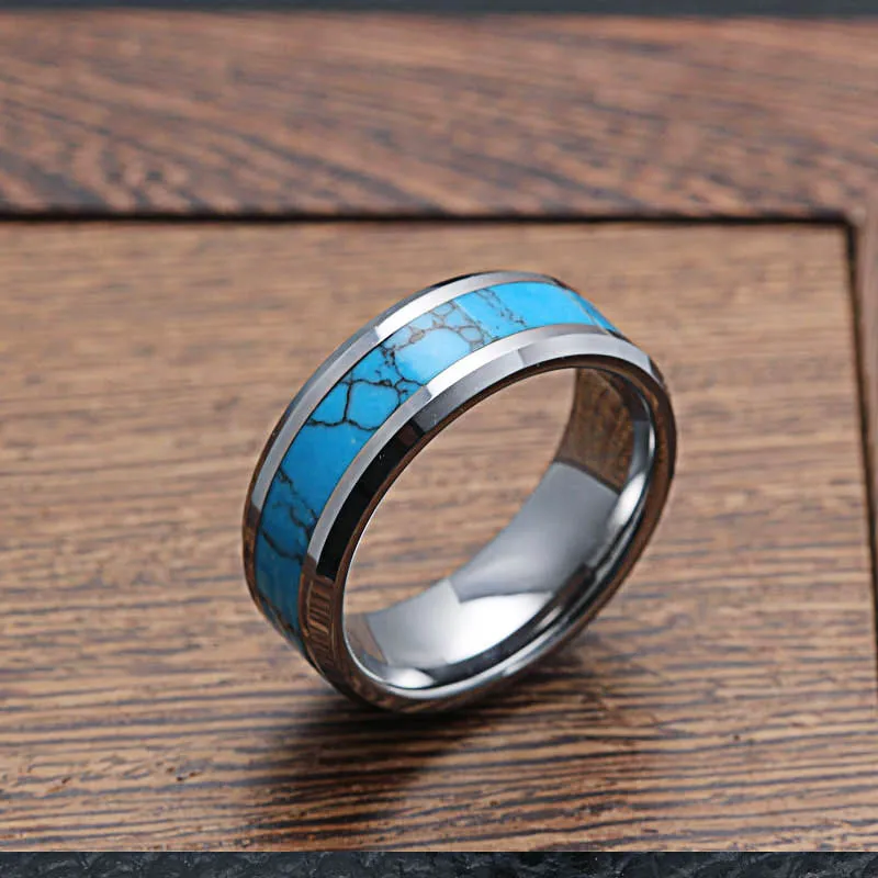 Mens Rings Tungsten Carbide With Blue Pattern Natural Stone Mens Rings Tungsten Carbide With Blue Pattern Natural Stone Inlay Beveled Edges Wedding Bands Ring For Men Fashion Jewelry In From