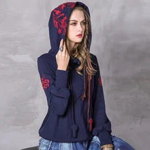 Весенне-осенняя Винтажная футболка с вышивкой, женские эластичные повседневные топы с капюшоном и длинным рукавом, пуловер, футболка#170357