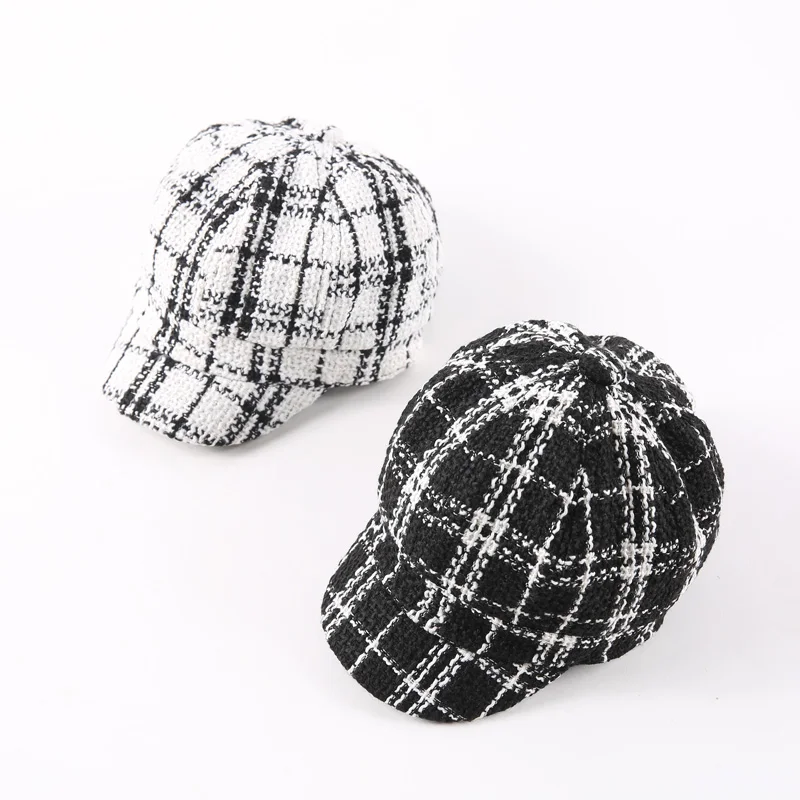

Newsboy Cap Beret Black White Plaid Vintage Beret Painter Winter Hats For Boys Girls Octagonal Caps Kids Bone Male New Classic