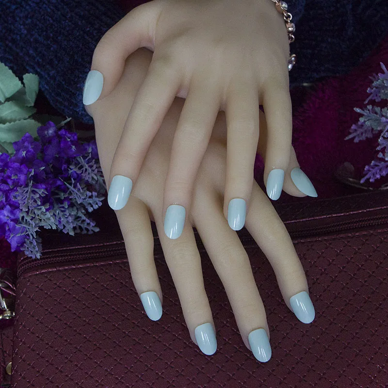 Модные накладные ногти, 24 шт., яркие Типсы, 17 стилей, акриловые искусственные ногти, круглые накладные ногти с клеем для ногтей - Цвет: Milk Blue