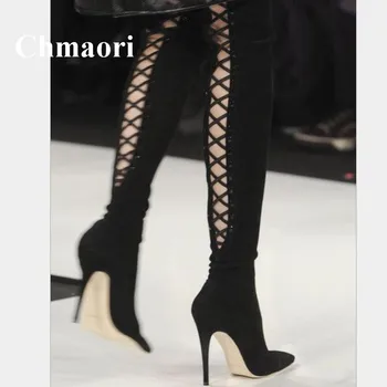 

2018 Sexy Fashion Over-The-Knee Flock Solid Cross-Tied Fringe Thin High Heel Pointed Toe Women Boots Normal Size