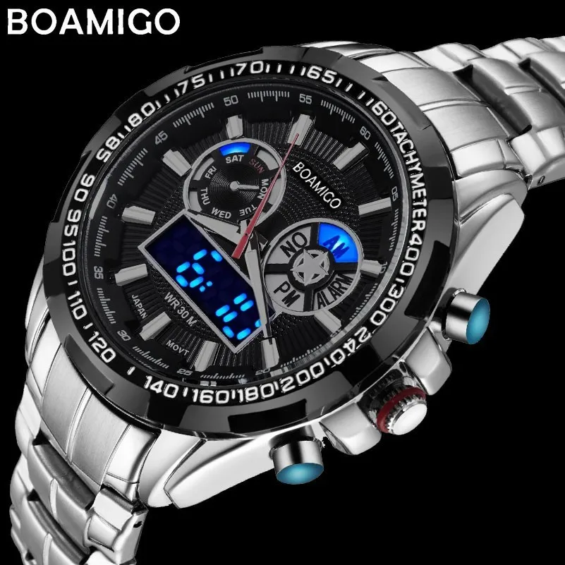 

BOAMIGO Luxury Watches Top Brand Mens Fashion Sports Watch Military Business Stainless Steel Digital Quartz Watch Men Gift Clock