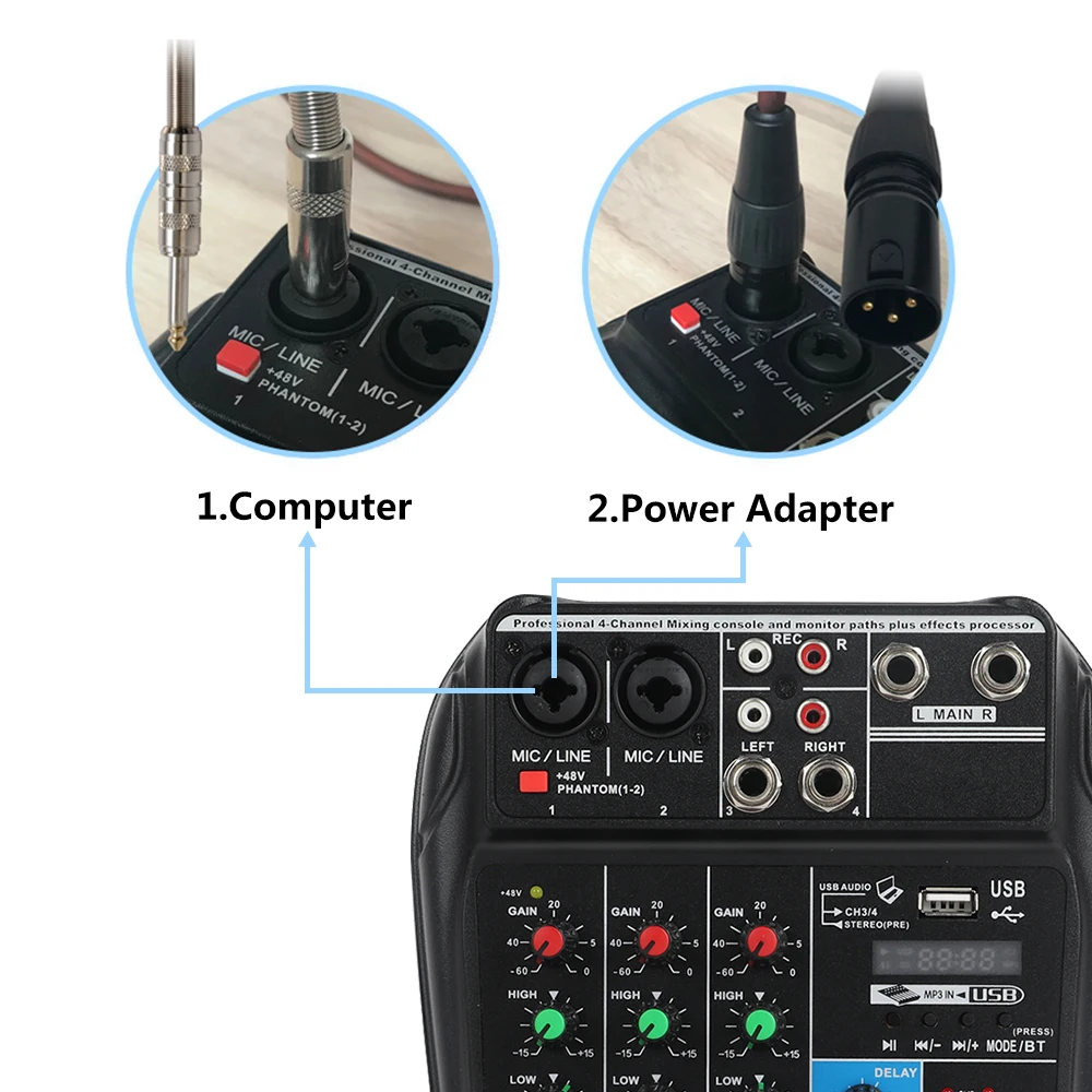 A4 4 канала аудио микшер звук микшерный пульт с Bluetooth USB Запись 48 В Phantom power Monitor Пути Плюс эффекты