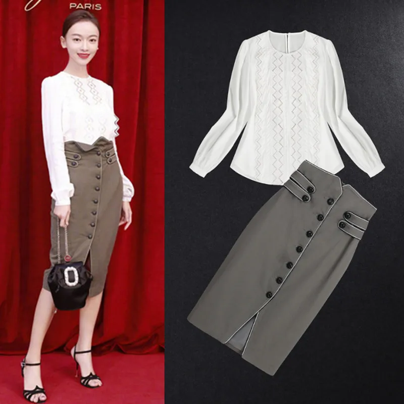 

2019 Spring New Wu Jinyan Same Style Round-collar Hollowed Long-sleeved Open-forked Hemiskirt Fashion Fashion Skirt Woman