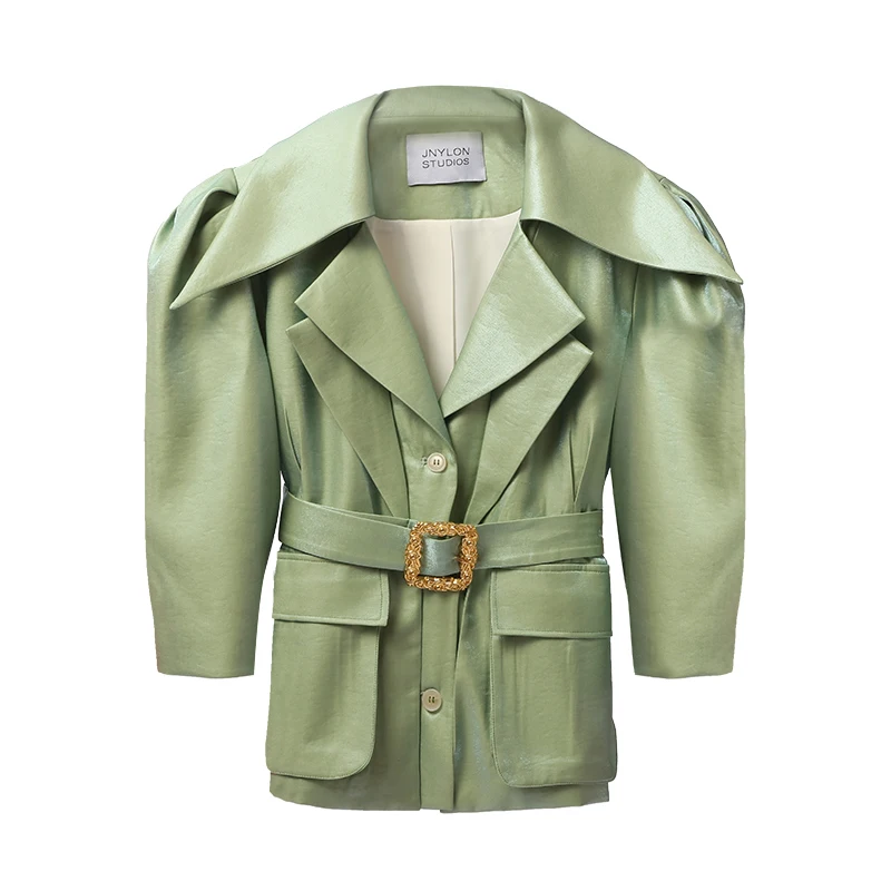[EAM] 2019 New Spring Lapel Large Shoulder Long Sleeve Green Waist Bandage Pocket Loose Jacket Women Fashion Tide JH582