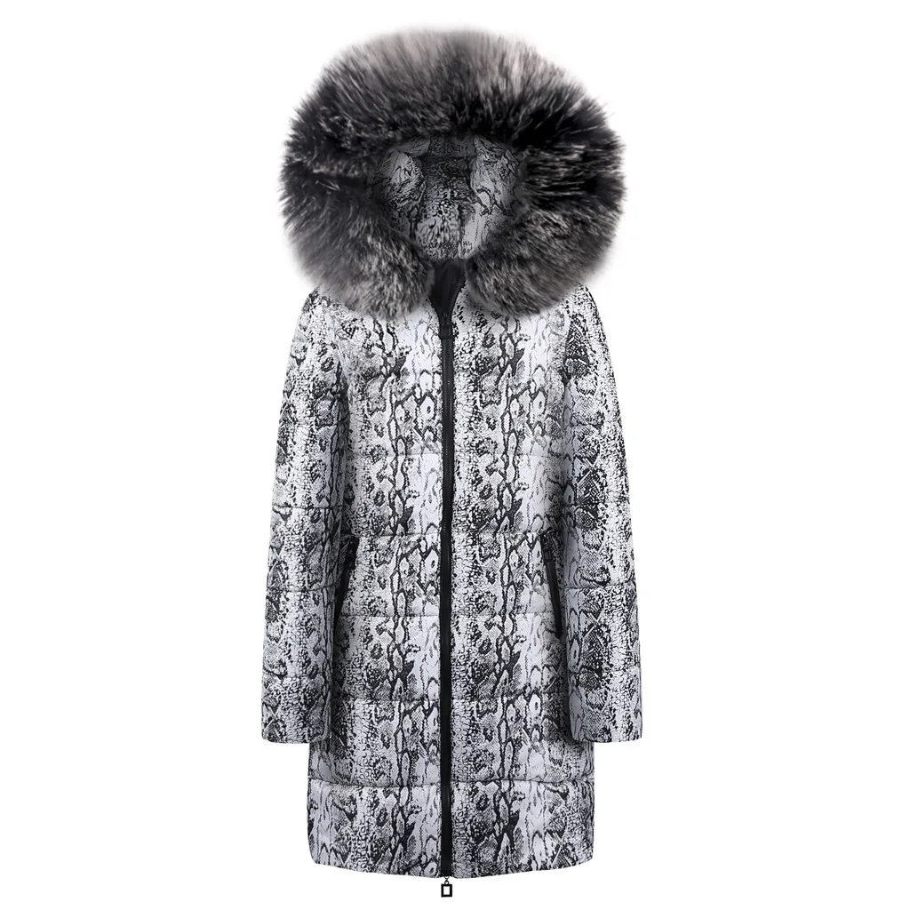 Зимнее теплое плотное пальто, женское длинное пуховое хлопковое пальто со змеиным принтом, парка большого размера, повседневное пальто с капюшоном, куртка, верхняя одежда, парки/PT - Цвет: Черный
