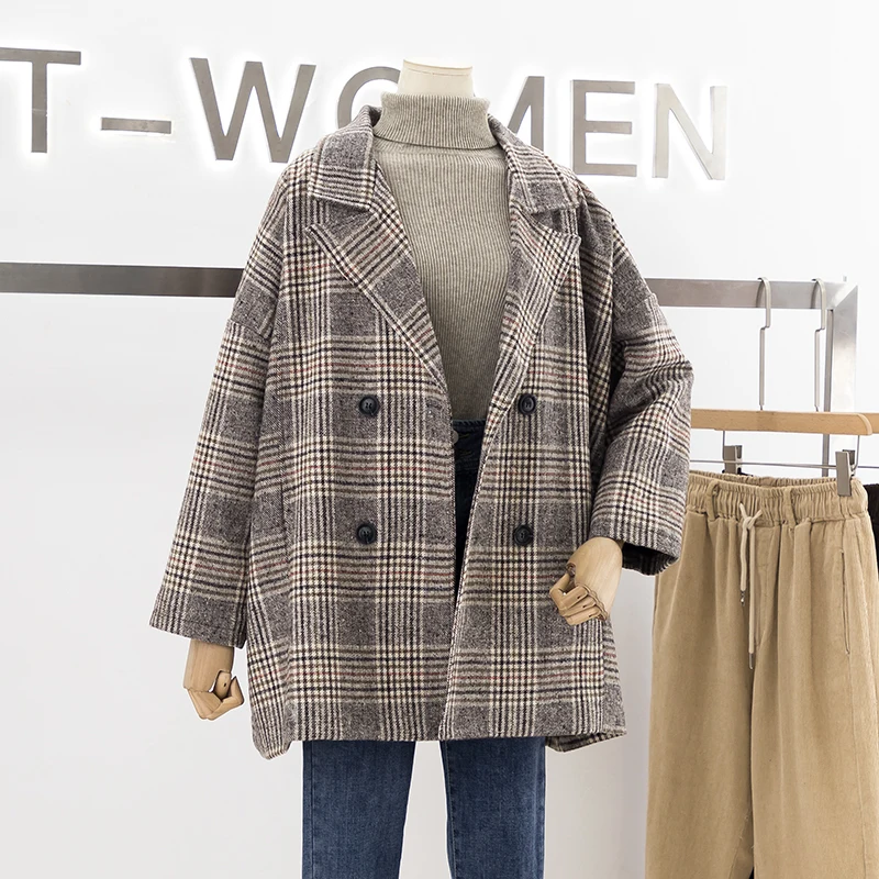 

2019 New Woman Fashion Lattice Turn-down Collar Woolen Loose Coat Spring Autumn Loose Women Blazer Suit Jackets Korean N594