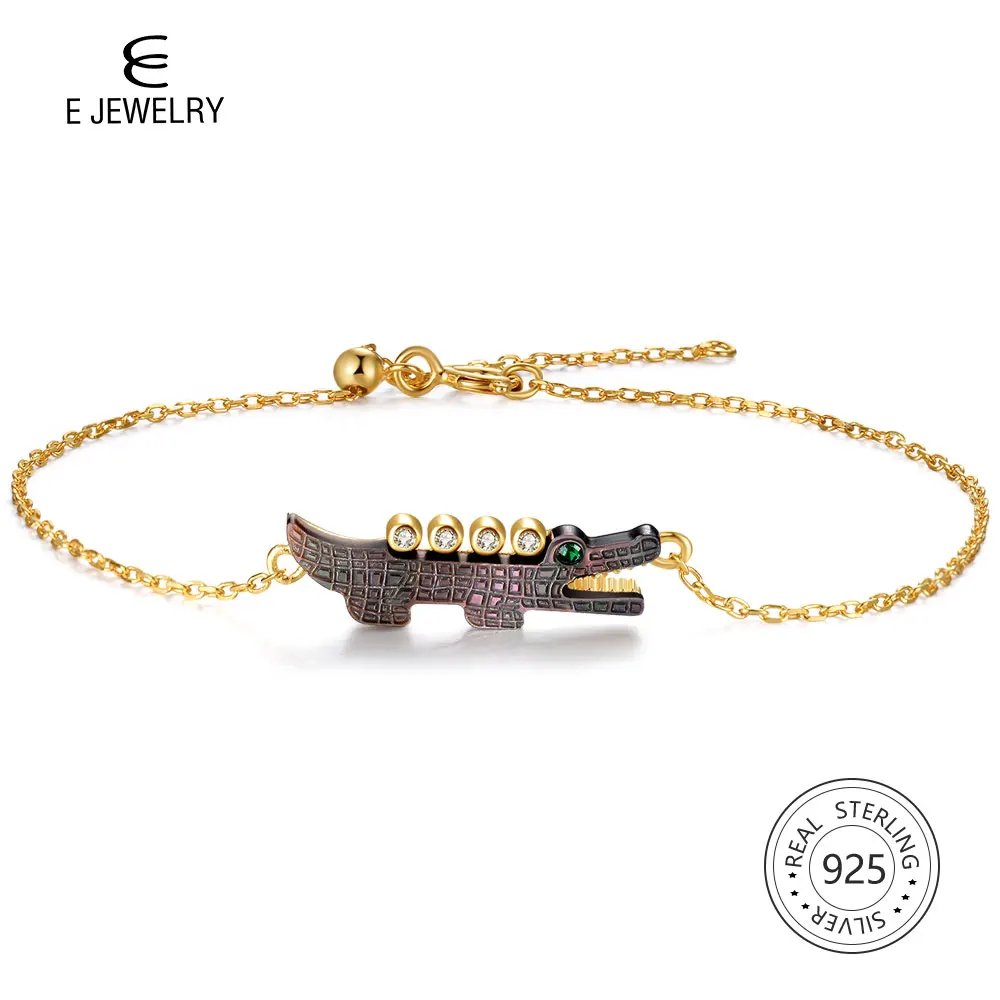 

E Jewelry Black Shell Crocodile Chain Bracelet Silver 925 for Women 18K Gold Plated Animal CZ Zircon Link Bracelets Gift 2019