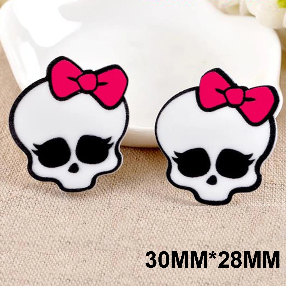 

50pcs/lot 30x28MM Cartoon Monster Flatback Resin Cute Red Hair Bow Skull Planar Resin For DIY Home Decoration Accessories DL118
