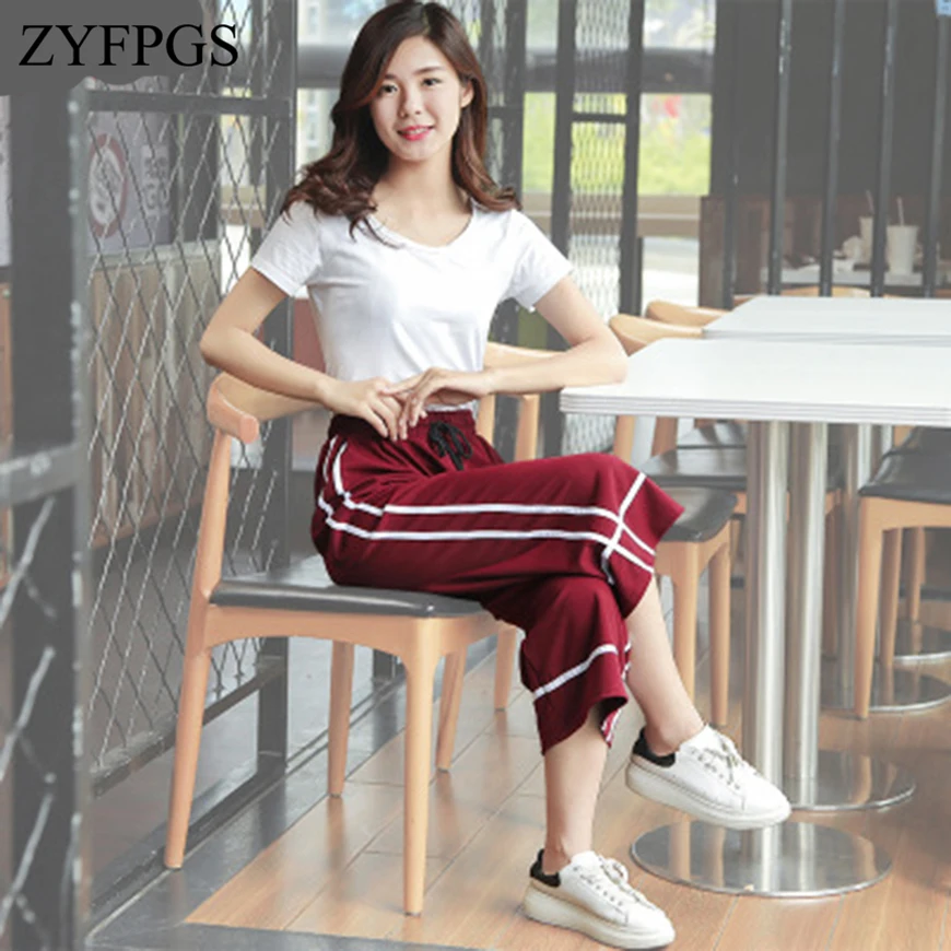 

ZYFPGS 2019 Autumn Top Woman's Pants Basic Double White Line Hip hop style Women's Loose Free Size Plus Fashion casual Z0723