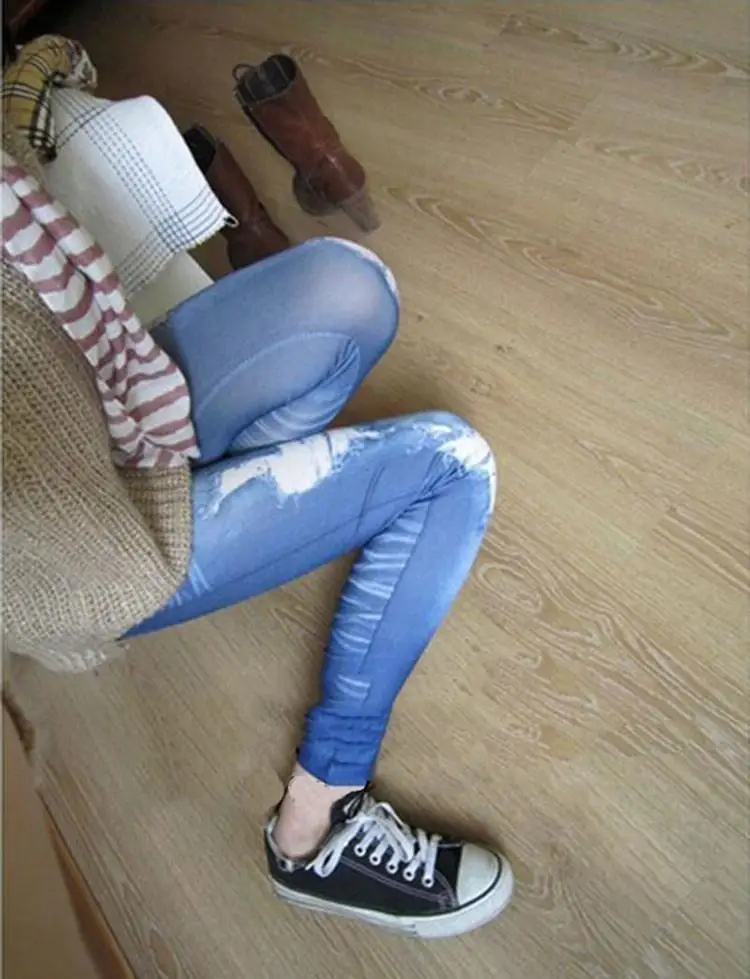 Women Leggings Blue Black Korean Slim False Hole Imitation Jeans Fitness Leggins fleece leggings