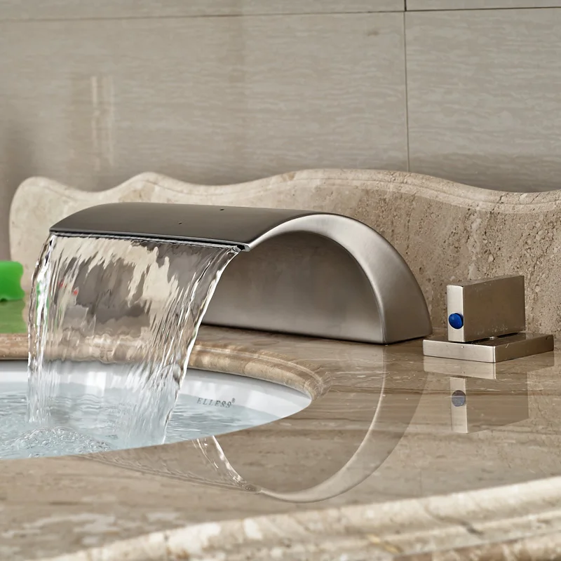 

Nickel Brushed Bathroom Basin Sink Faucet Widespread Dual Handles Mixer Tap 3 Holes