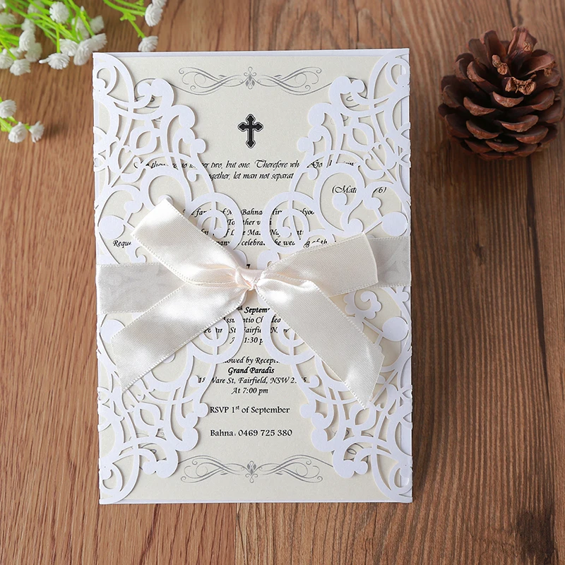 

White Laser Cut Wedding Invitations Cards Hollow Flora With Beige Bowknot Paper Cardstock for Wedding engagement Party 50pcs/lot