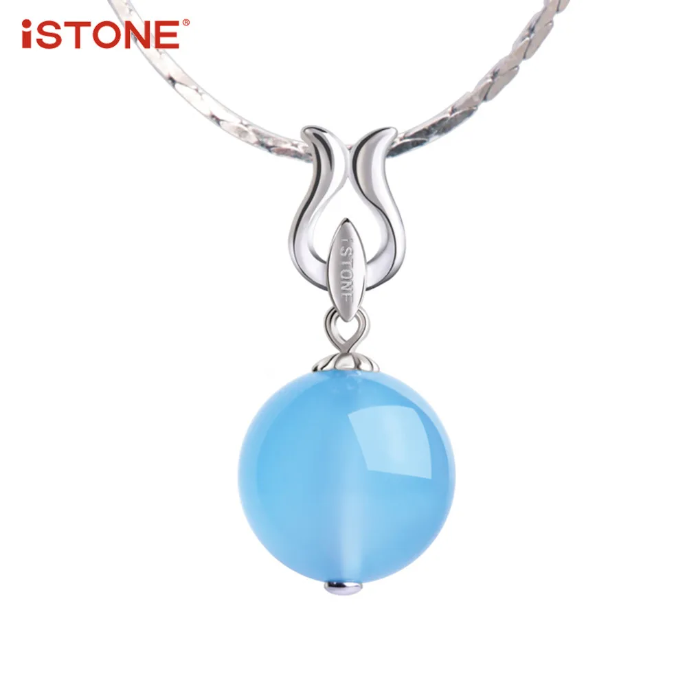 

iSTONE 100% Natural Gemstone 925 Sterling Silver Blue Chalcedony Round Pendant Necklace Fine Jewelry Gift for Girl Valentine
