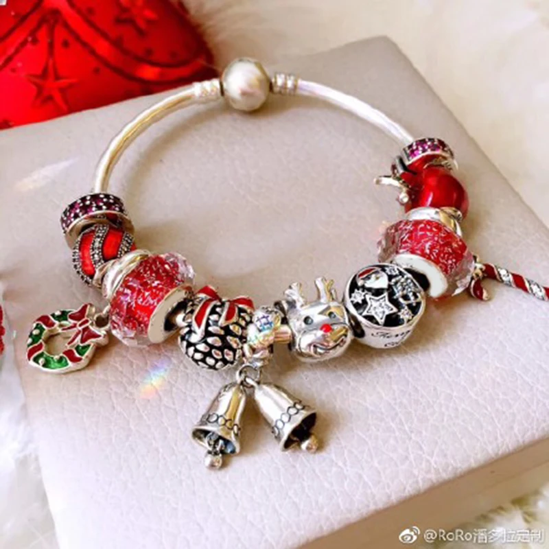 

NEW 100% 925 sterling silver Christmas Campanula Flower Star Apple Mystery Charm Bracelet Set Holiday Gift Original Jewelry