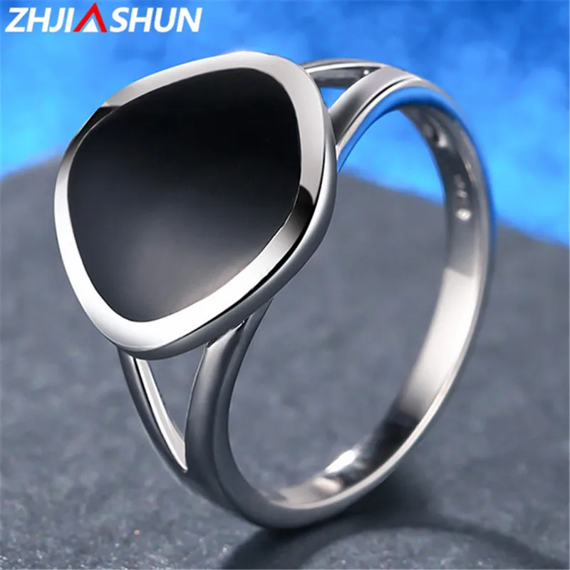 

ZHJIASHUN Natural Black Agate Rings for Women 100% 925 Sterling Silver Ring with Stone Luxury Wedding Engagement Jewelry