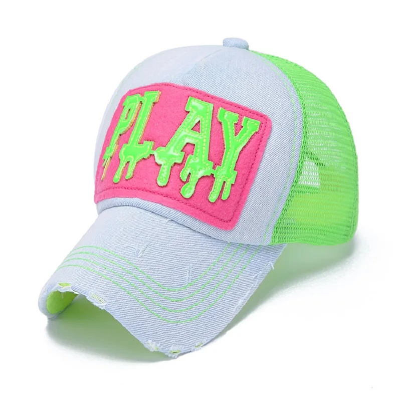 Весенне-летняя джинсовая бейсболка с эффектом потертости, Кепка с дышащей сеткой и аппликацией в виде букв, бейсбольная кепка неонового зеленого цвета