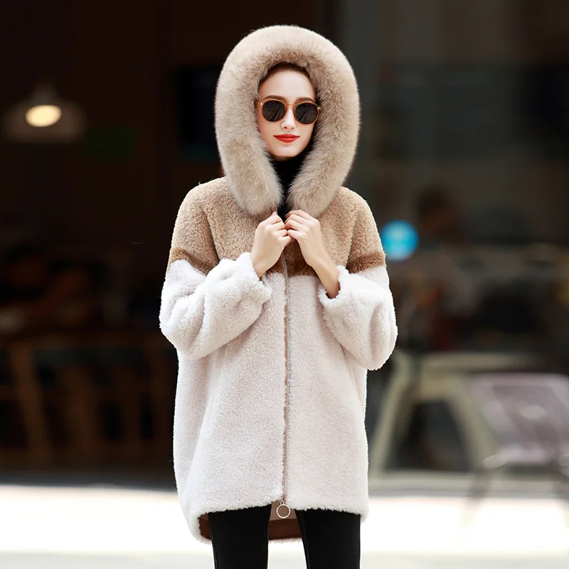 AYUNSUE Real Sheep Shearling Fur Coat Female Fox Fur Collar Real Woo Coats Winter Jacket Women Suede Lining Korean Outwear MY