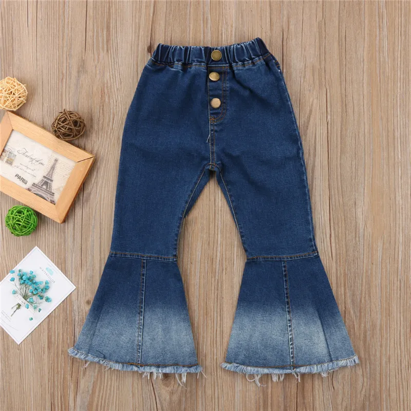 Детские штаны для маленьких девочек, джинсовые широкие джинсы, хит, цветные брюки, верхняя одежда с вырезами для обуви, От 2 до 7 лет - Цвет: Синий