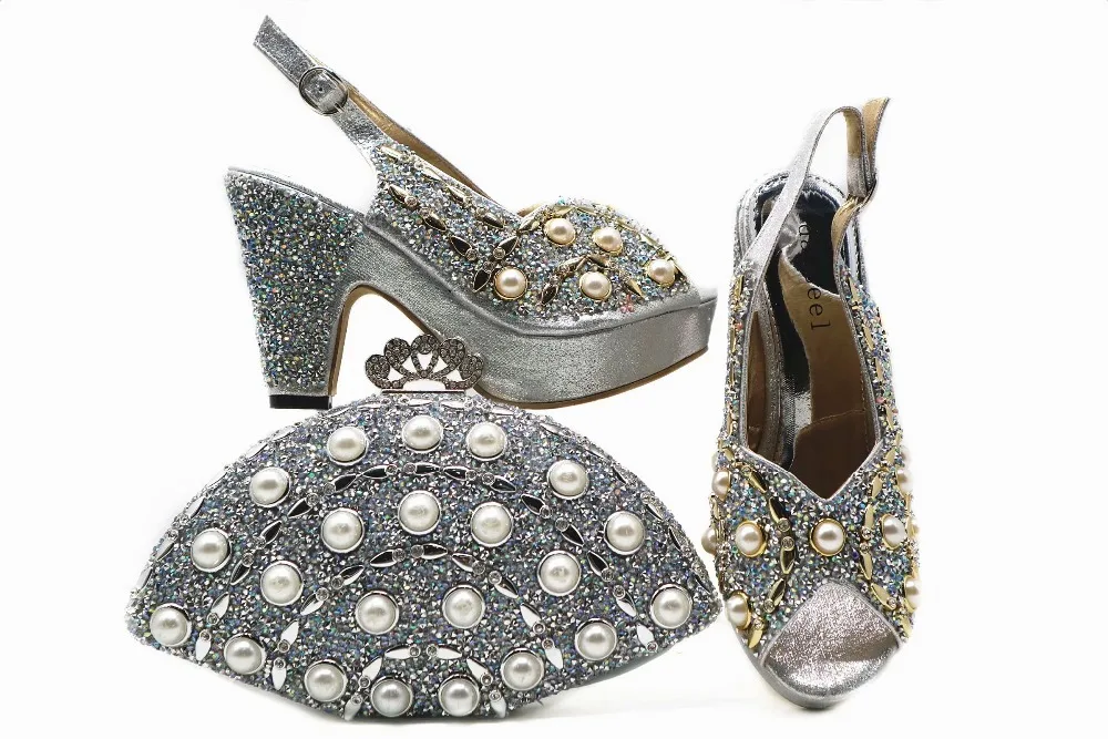 

Silver italian shoes and bag to match african aso ebi wedding party shoe bag set matching peach italian shoes bag SB8279-3