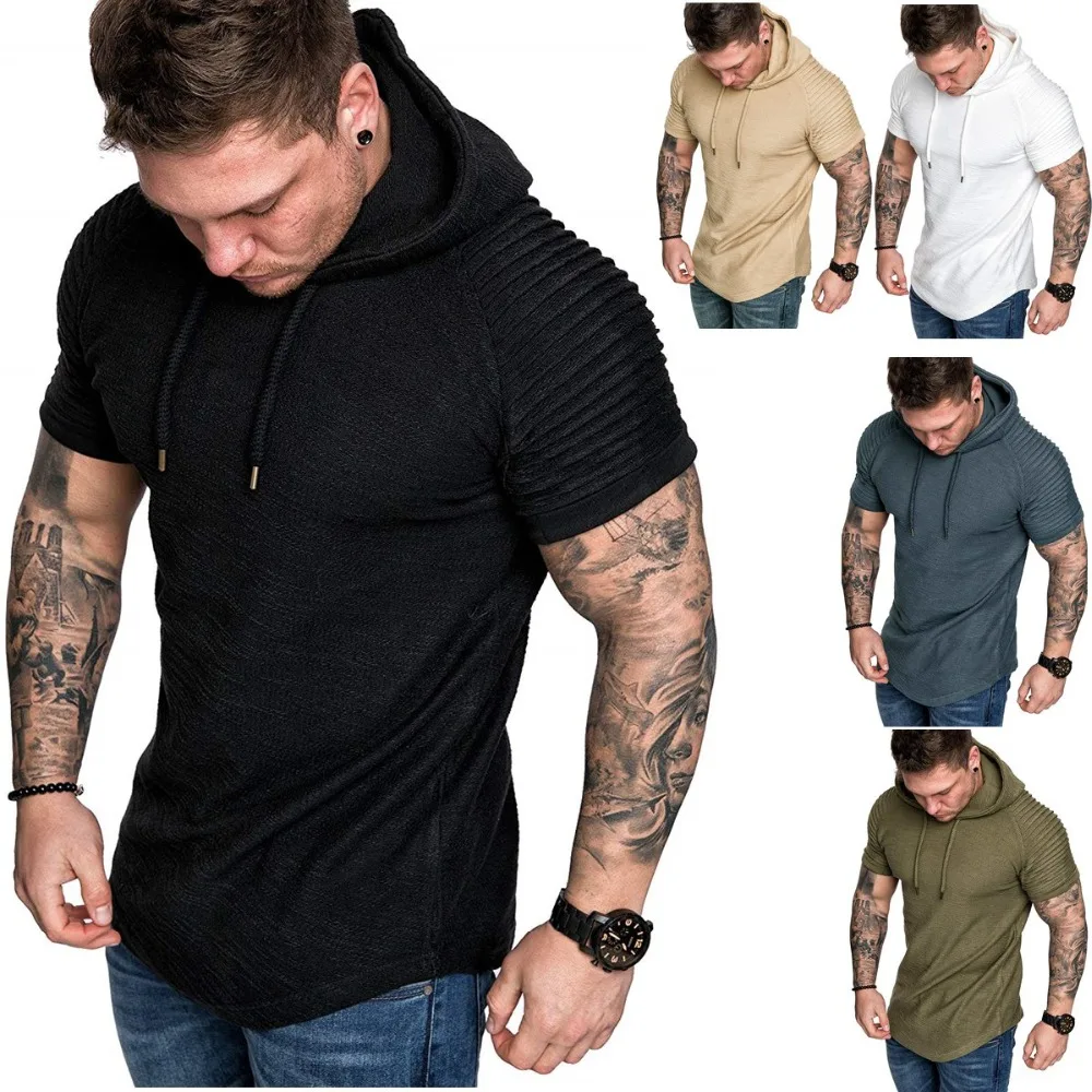 Men's round neck slim solid color hooded short sleeved Men's sets ...