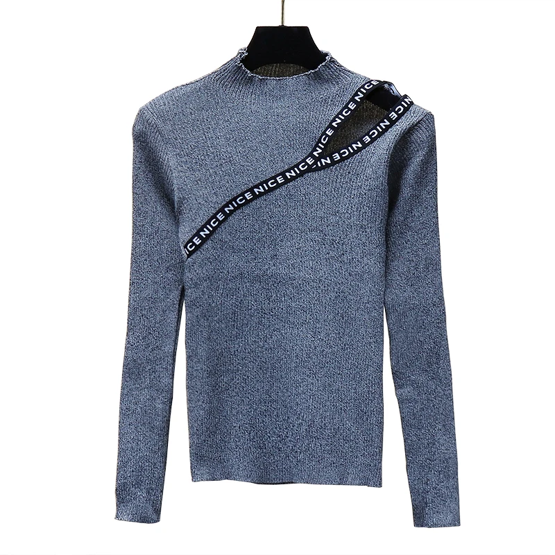 

Slim Women Full Sleeve Off Shoulder Turtleneck Sweater 2019 elastic Knitted Basic Letter Pullovers Autumn Winter Jumpers Ladies