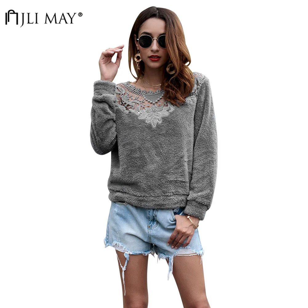 

JLI MAY Solid Flannel Lace Hoodies Pullovers O-Neck Long Sleeve Winter Sweatshirt Women Casual High street womens clothing