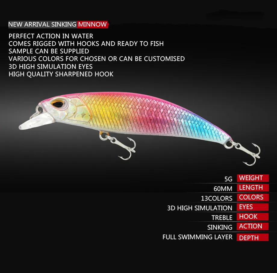 HOT New Minnow mini small fishing lure 60mm high quality vibration swing sink hard bait efficient ice lures japan fishing tackle