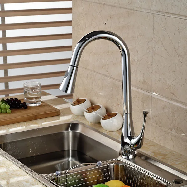 

Contemporary Chrome Finish Pull Out Style Kitchen Sink Mixer Tap Single Handle Dual Sprayers