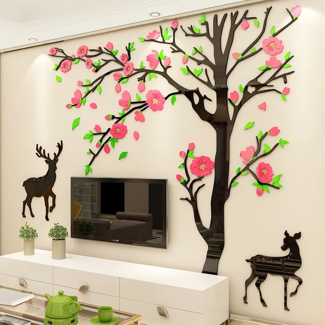 baru sika deer 3d stereo akrilik stiker dinding ruang tamu sofa tv