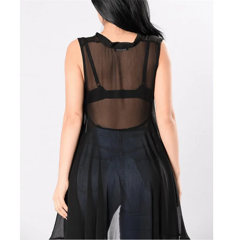 D'été Voir Femme Tops Chemisier Blouses Sans De Bowknot Manches Sexy Irrégulière Hirigin Transparent À Travers Tulle Femmes EqPgCw6