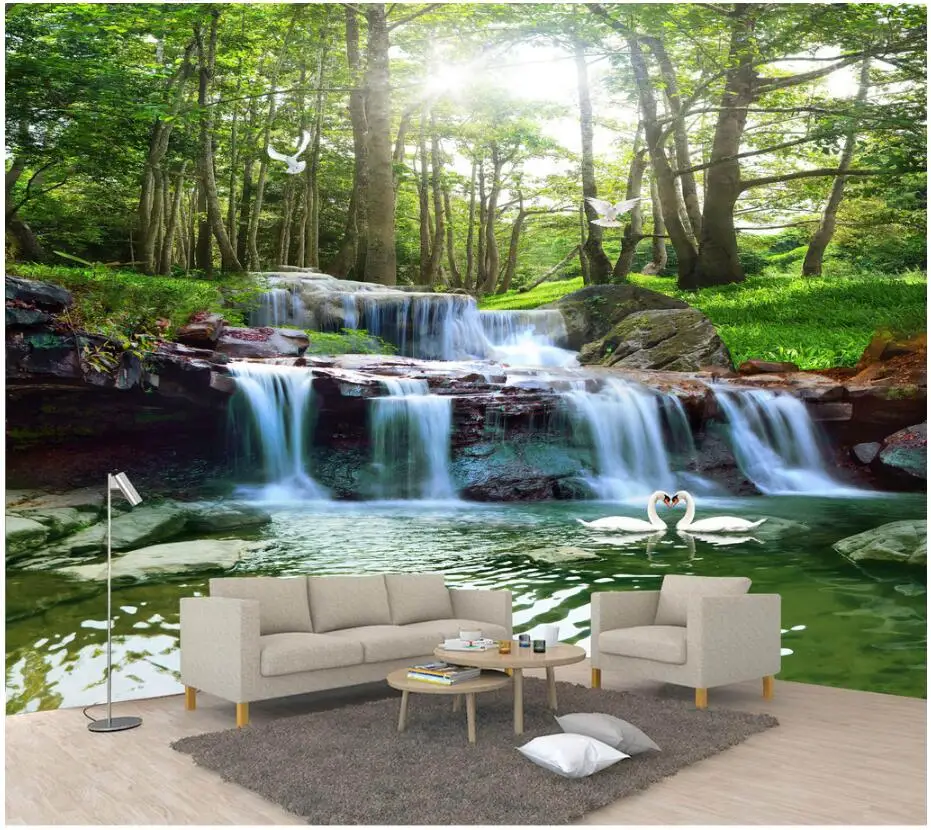 

3d wall murals wallpaper for walls 3 d photo wallpaper on a wall Forest waterfall water swan tv background wall living room