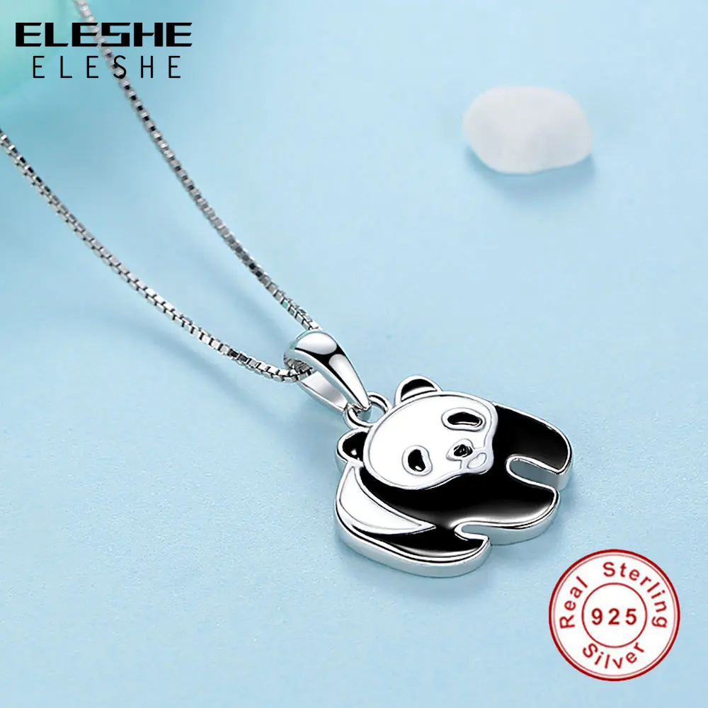ELESHE Cute 100% Real 925 Sterling Silver Necklace Black White Enamel Panda Necklaces & Pendants Women Jewelry