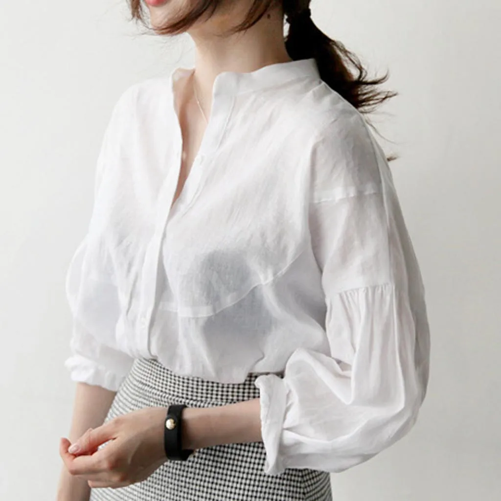 Women Blouse 2019 Women's Wear Simple Long Sleeve Cotton And Linen Pure Color Shirt