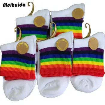 

Rainbow Socks Washi Tape Crop Top Short Tube College Stripe Socks Women Funny