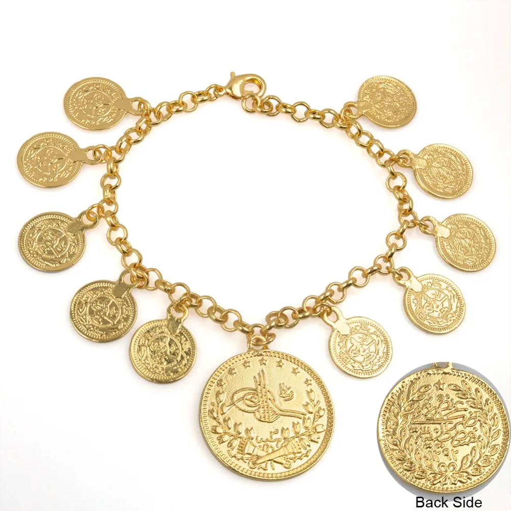 Золотой цвет Турция Ближний Восток Африканский браслет с шармами в виде монет для женщин Курдская цепь браслет Арабские Ювелирные украшения длина 25 см# J0858
